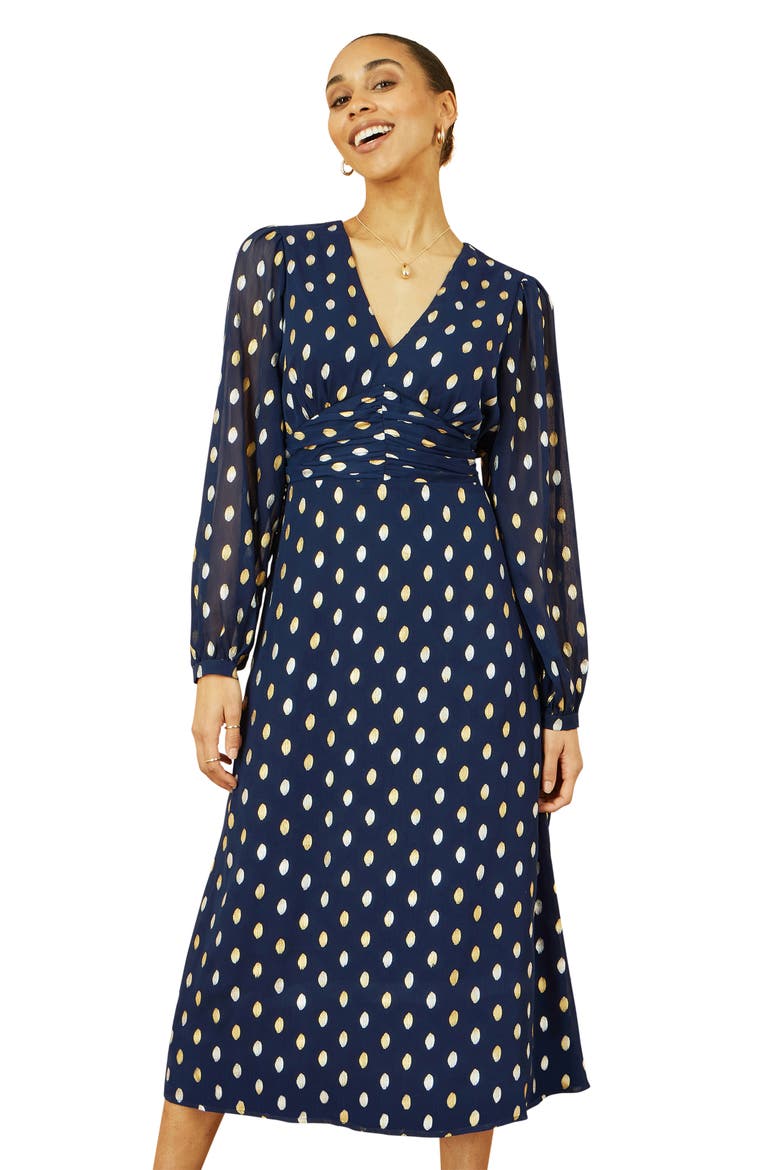 Elegant Foil Print Midi Dress, Alternate, color, Navy