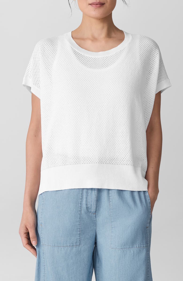 Eileen Fisher Crewneck Short Sleeve Pointelle Sweater, Main, color, White