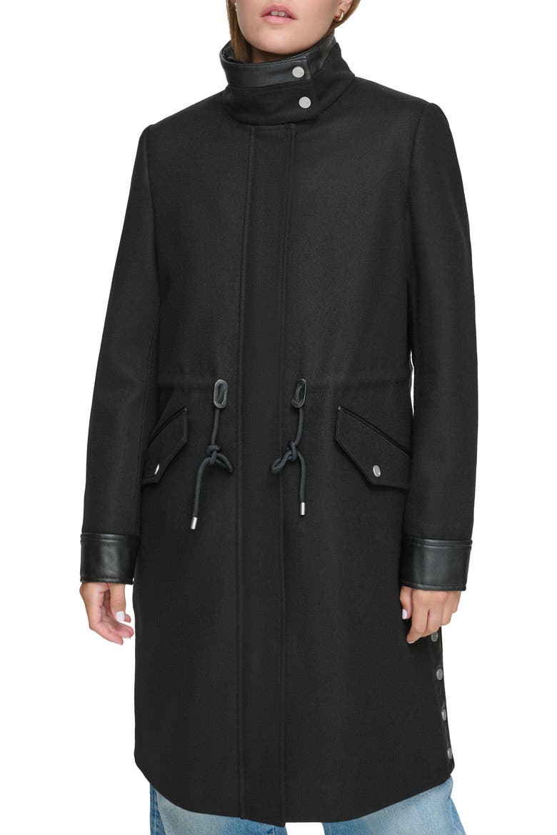 Feather Leather Trim Wool Blend Coat, Main, color, BLACK
