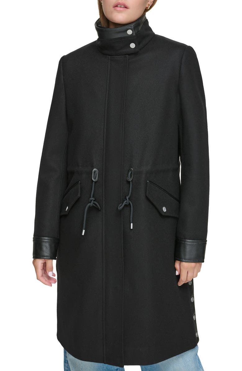 Andrew Marc Feather Leather Trim Wool Blend Coat, Main, color, Black