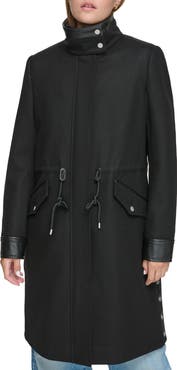Andrew Marc Feather Leather Trim Wool Blend Coat