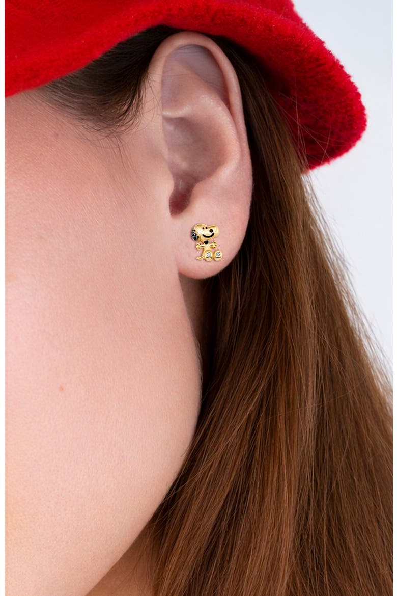 x Peanuts® Snoopy Mismatched Stud Earrings, Alternate, color, 18KT YELLOW GOLD / CLEAR STONE