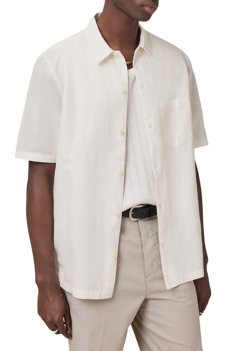 AllSaints Veda Linen Blend Camp Shirt, Alternate, color, Off White