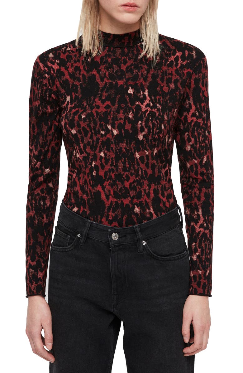 AllSaints Leopard Red Kiara Shirt, Main, color, 