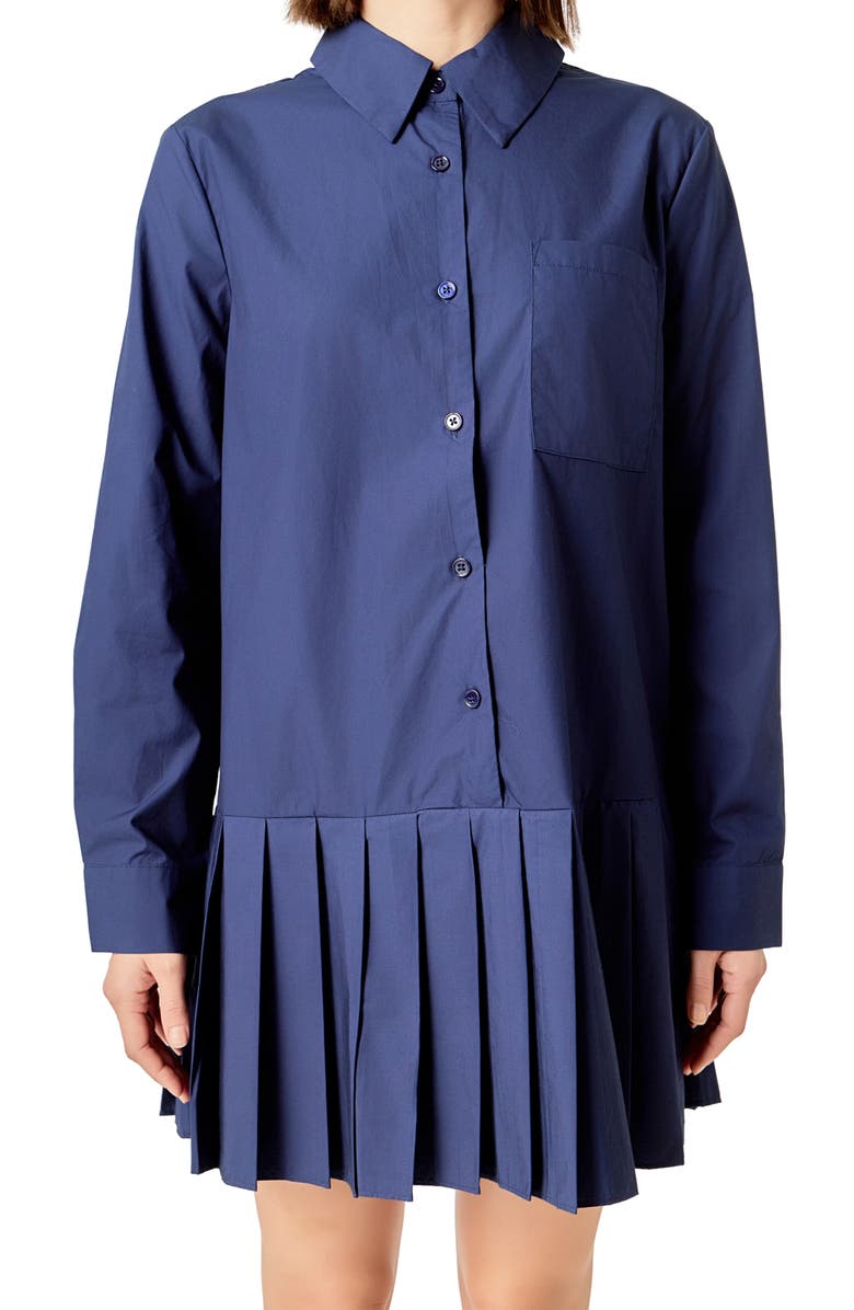 English Factory Pleated Long Sleeve Shirtdress, Alternate, color, Navy