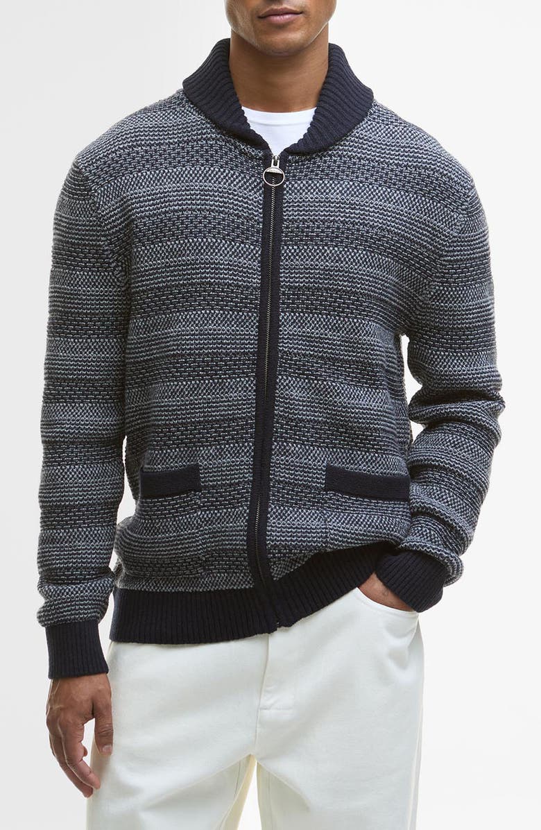 Barbour Helmsley Stripe Wool Zip Cardigan, Main, color, Navy