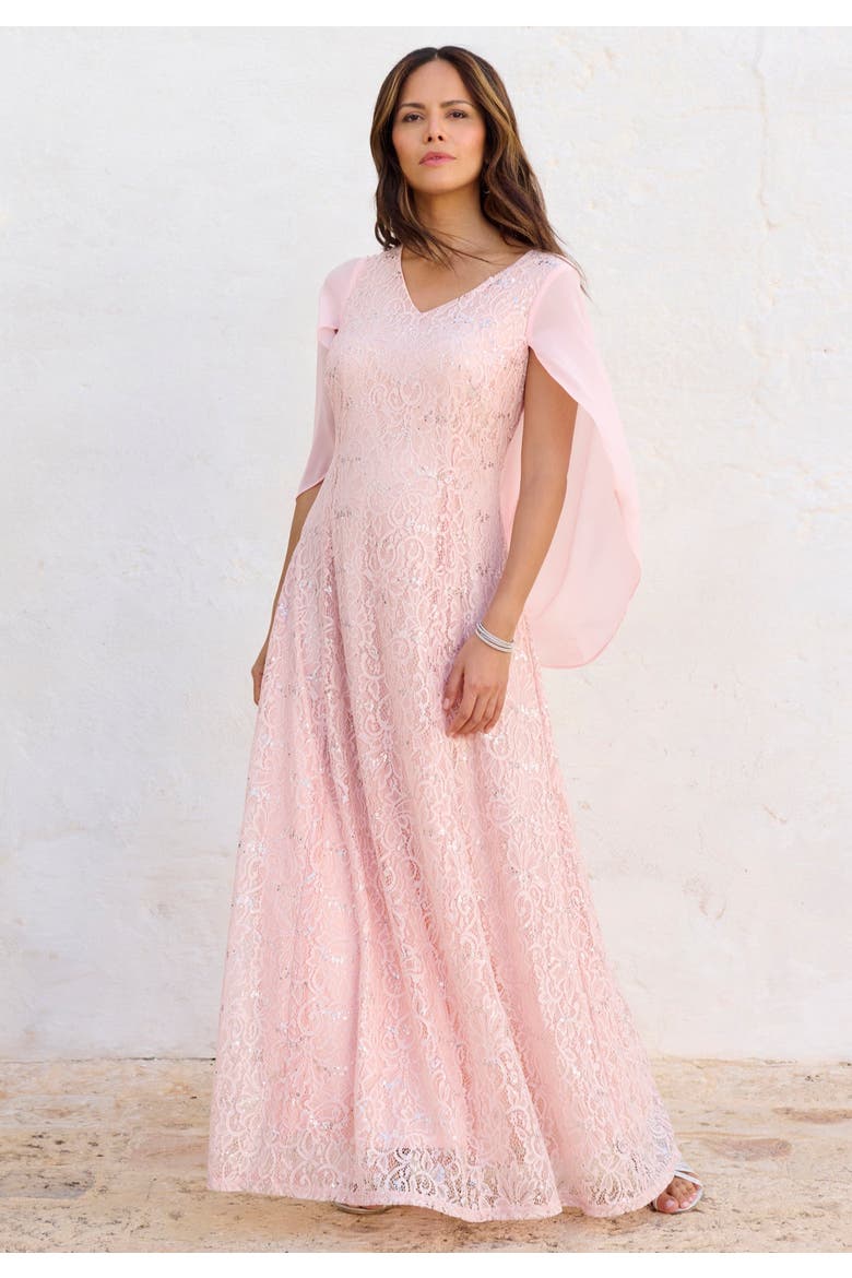 Plus Size Allover Lace Gown With Capelet, Alternate, color, PALE BLUSH