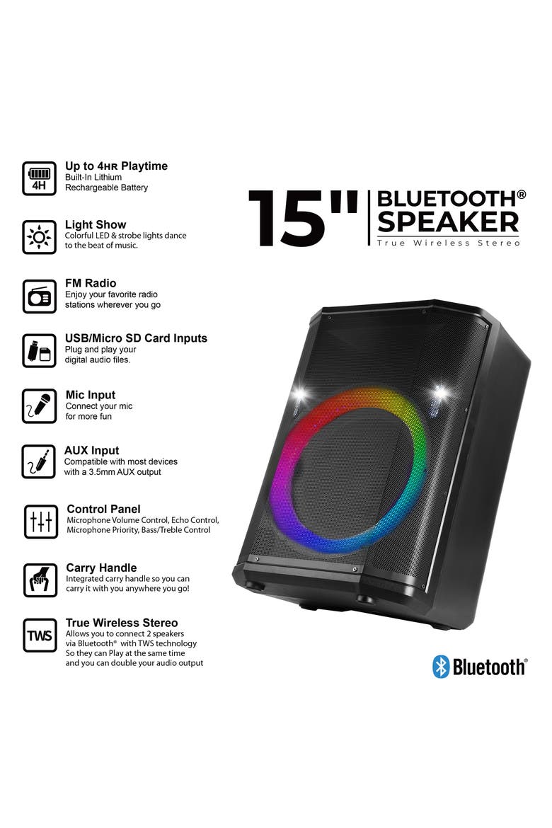 15 Inch Portable Bluetooth Speaker with TWS, Alternate, color, Black