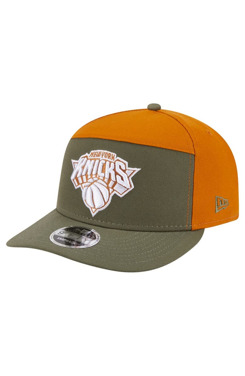 New Era Men's New Era  Olive/Burnt Orange New York Knicks Two-Tone Color Pack Split Panel 9FIFTY Adjustable Hat, Main, color, Olive
