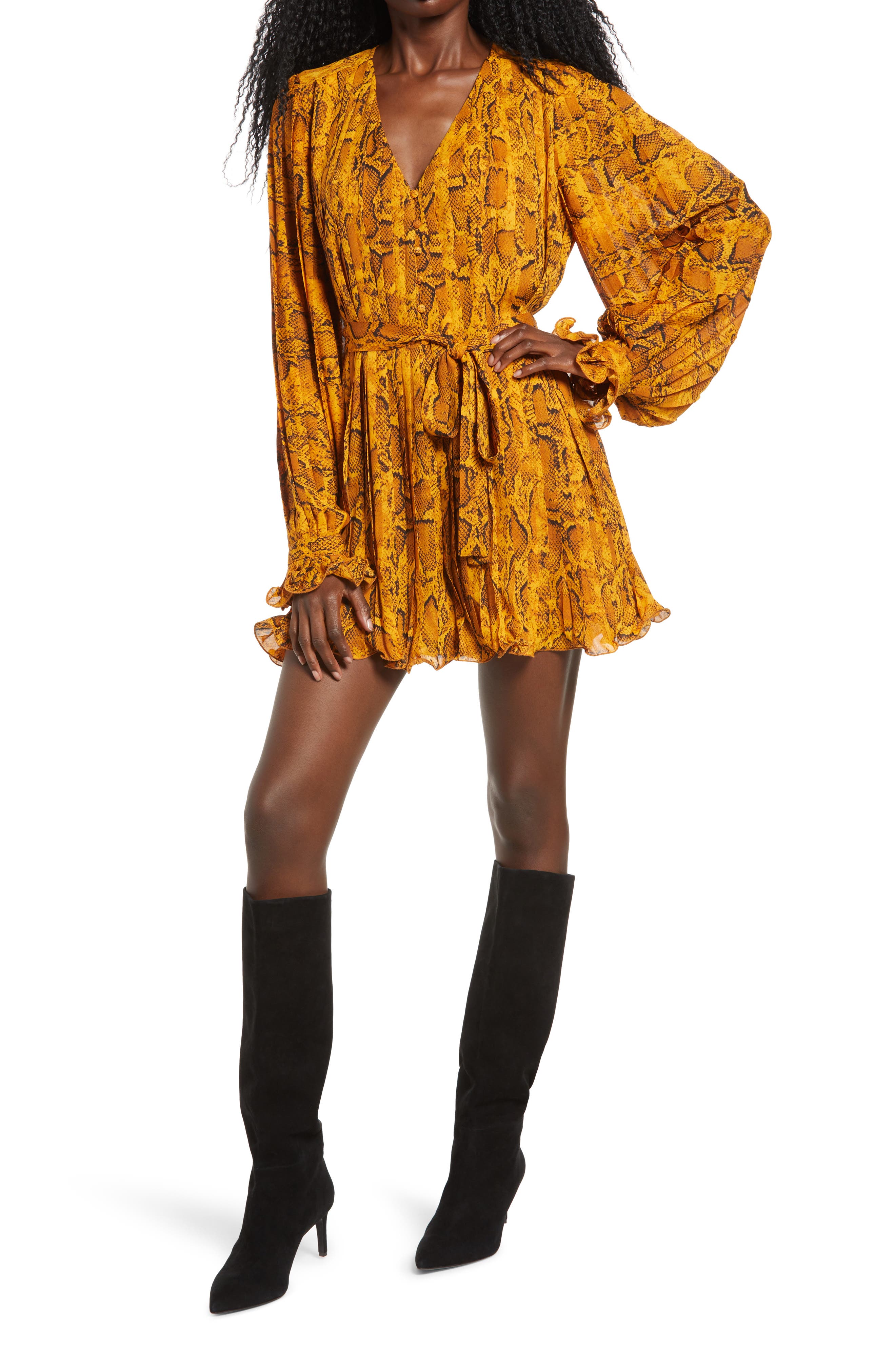 Endless Rose Python Print Pleated Long Sleeve Dress (Women) | Nordstrom