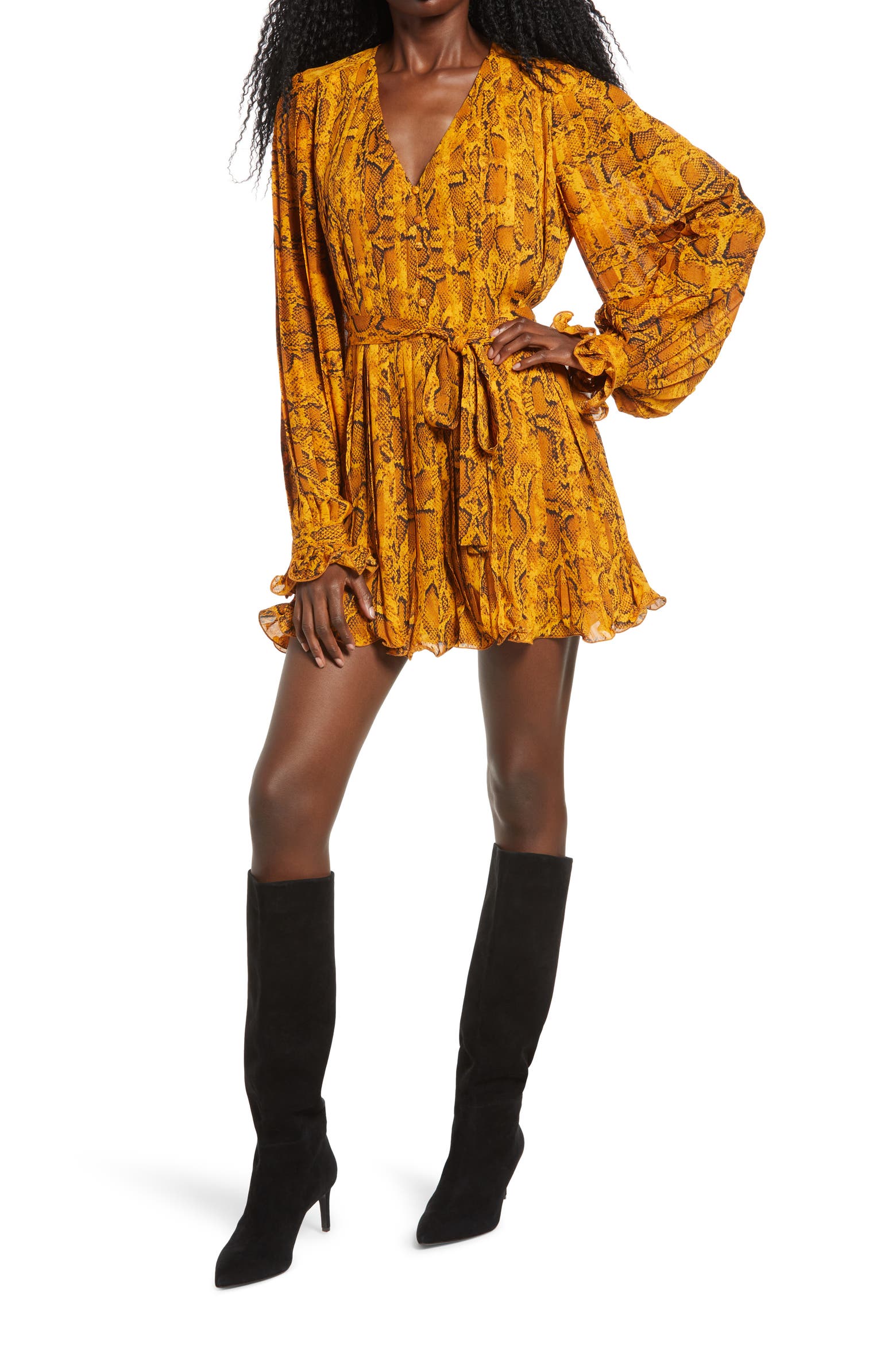 Endless Rose Python Print Pleated Long Sleeve Dress (Women) | Nordstrom