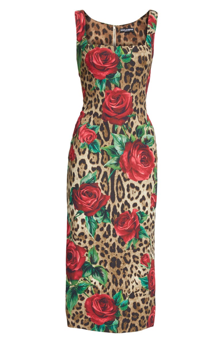 Dolce&Gabbana Embellished Rose & Leopard Print Cady Pencil Dress, Alternate, color,