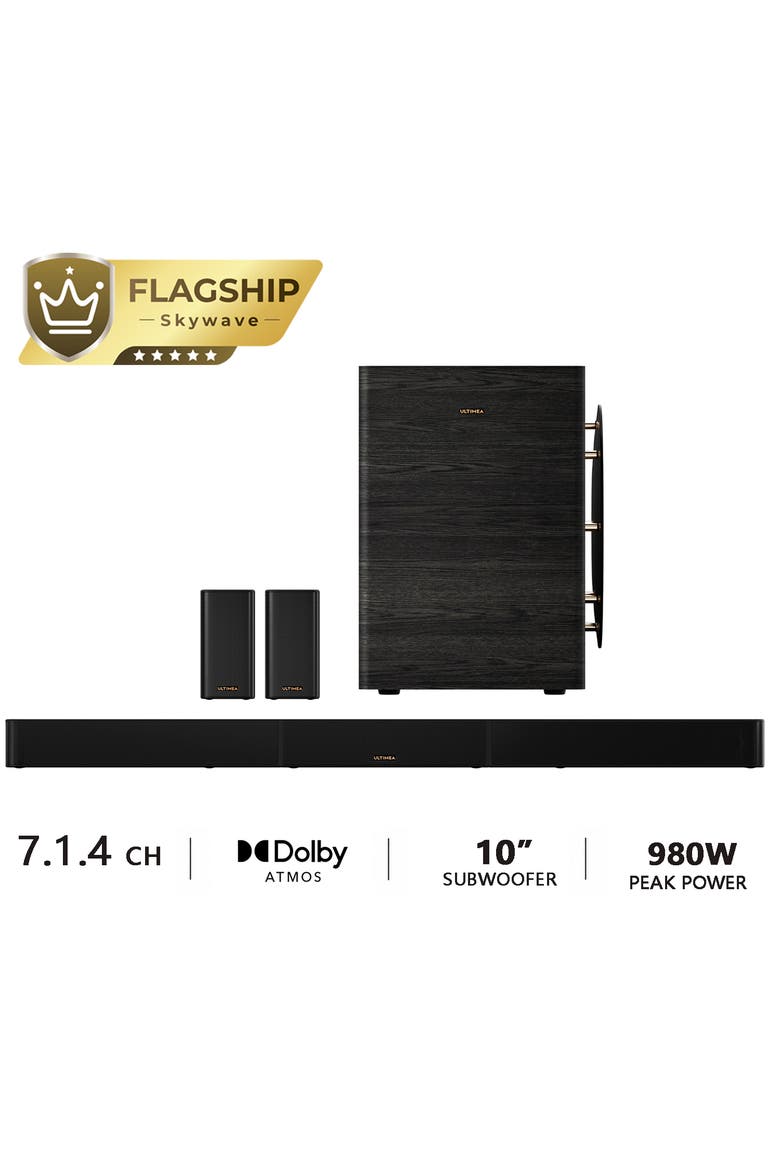 skywave series 7.1.4ch Dolby Atmos wireless surround sound system with 10" subwoofer and 2 surround speakers, Main, color, Black