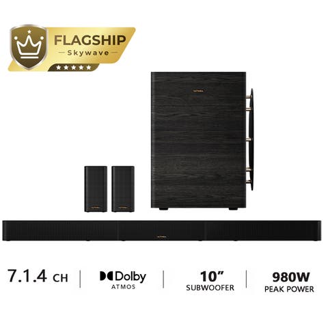 skywave series 7.1.4ch Dolby Atmos wireless surround sound system with 10" subwoofer and 2 surround speakers