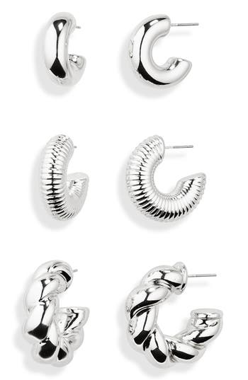 Nordstrom 3-pack Twisted Chunky Hoop Earrings In Rhodium