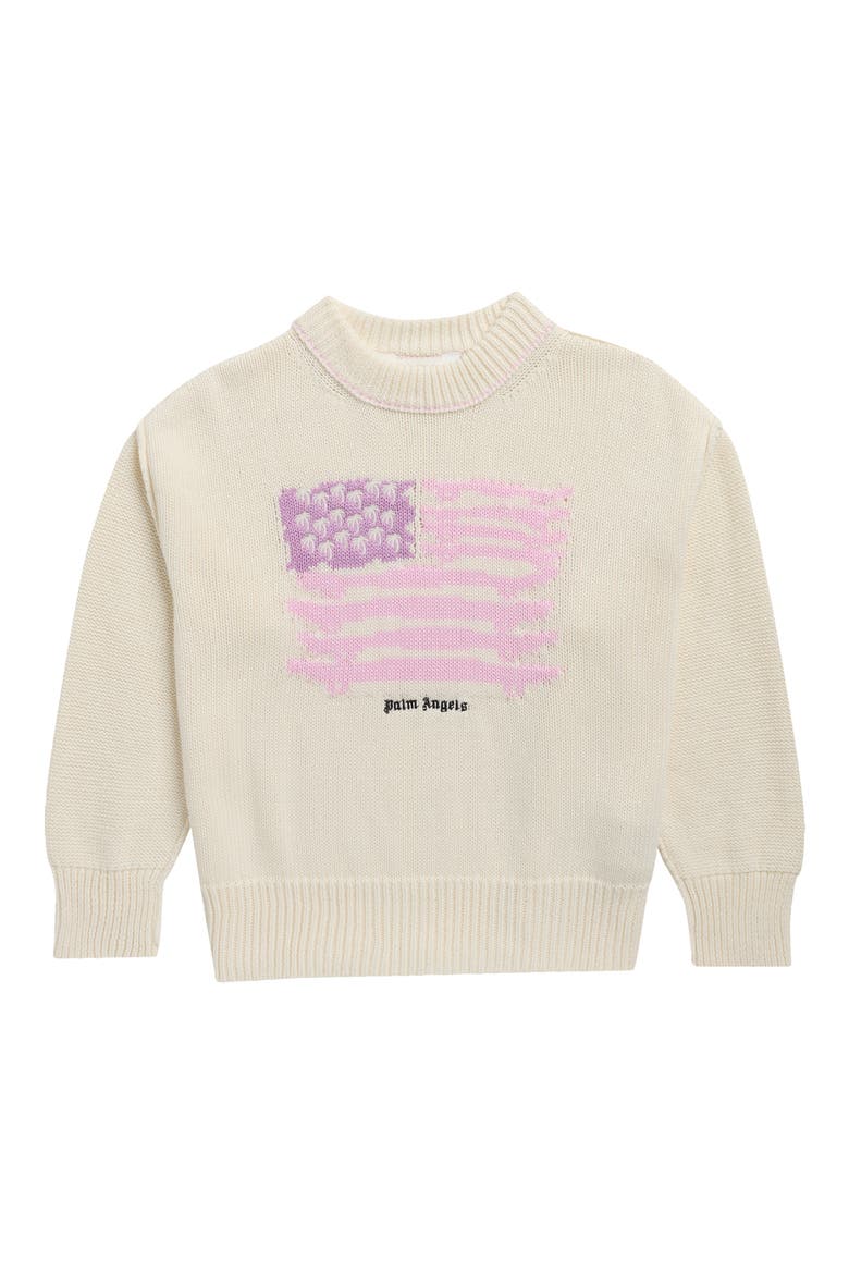 Kids' Palms Flag Knit Crewneck Sweater, Main, color, OFF WHITE - ROSE PINK