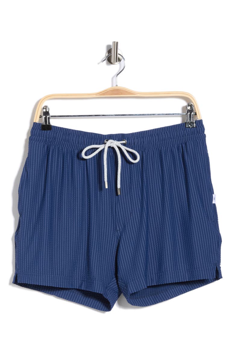 Seersucker 4-Way Stretch Shortie Swim Trunks, Alternate, color, NAVY
