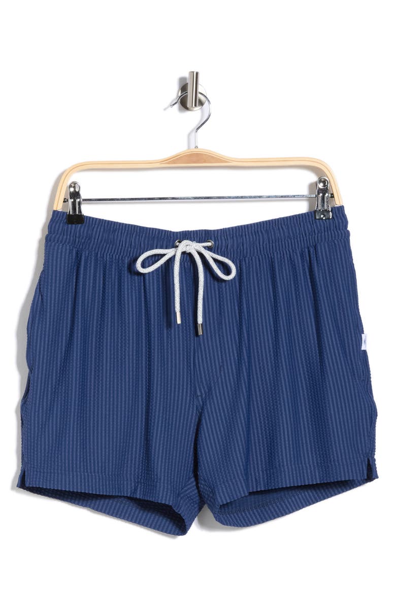 Vintage Summer Seersucker 4-Way Stretch Shortie Swim Trunks, Main, color, Navy