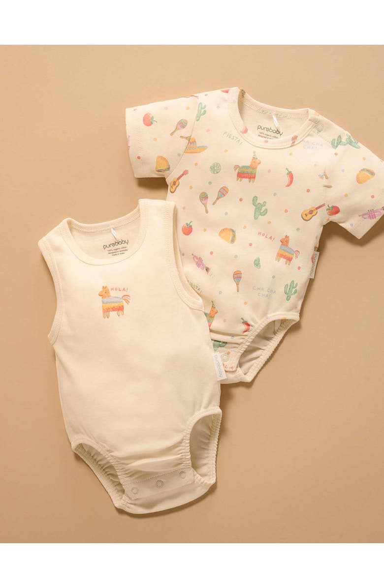 Purebaby 2 Pack Short Sleeve Ribbed Bodysuit Pinata, Alternate, color, Pinata Print