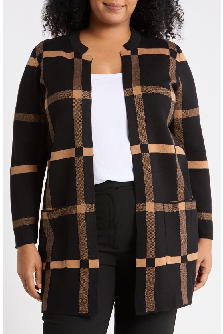 Kissing Front Windowpane Longline Cardigan, Main, color, BLACK/ DARK CAMEL