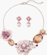 Modenaire Floral Pearl Statement Necklace and Earrings Set