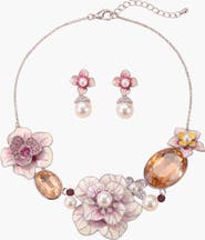 Modenaire Floral Pearl Statement Necklace and Earrings Set