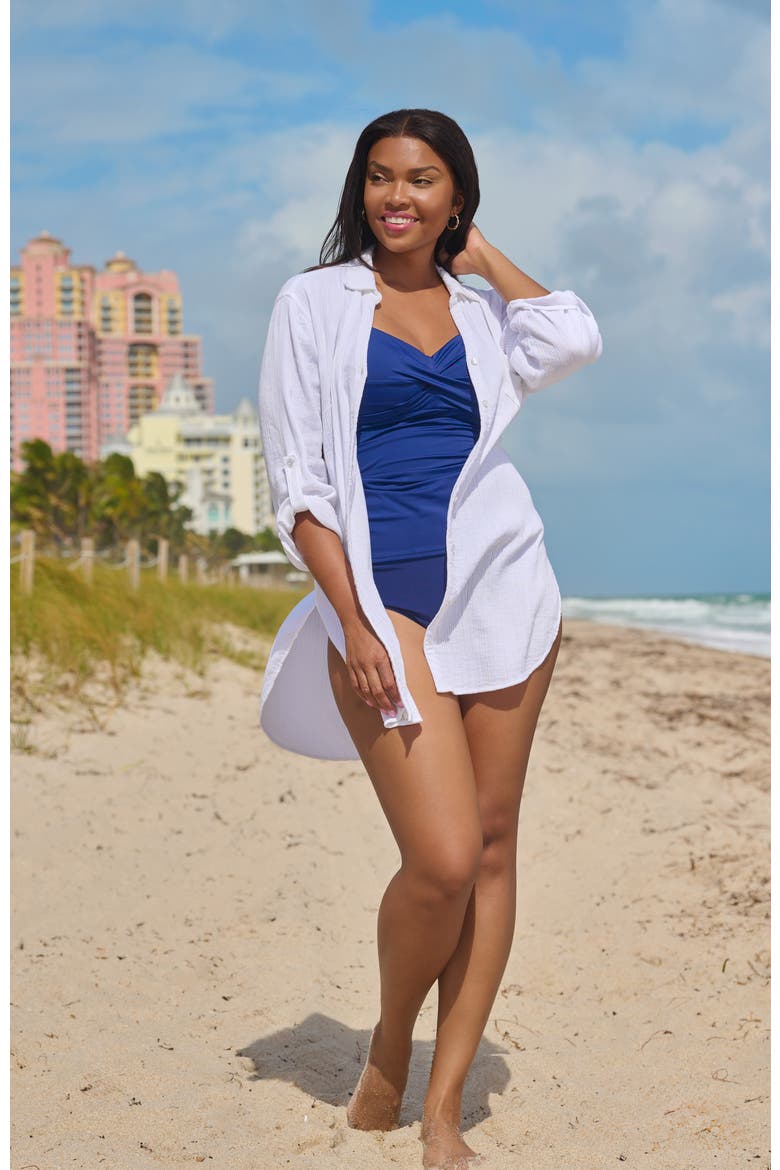 Button-Down High-Low Beach Shirt Coverup, Alternate, color, White