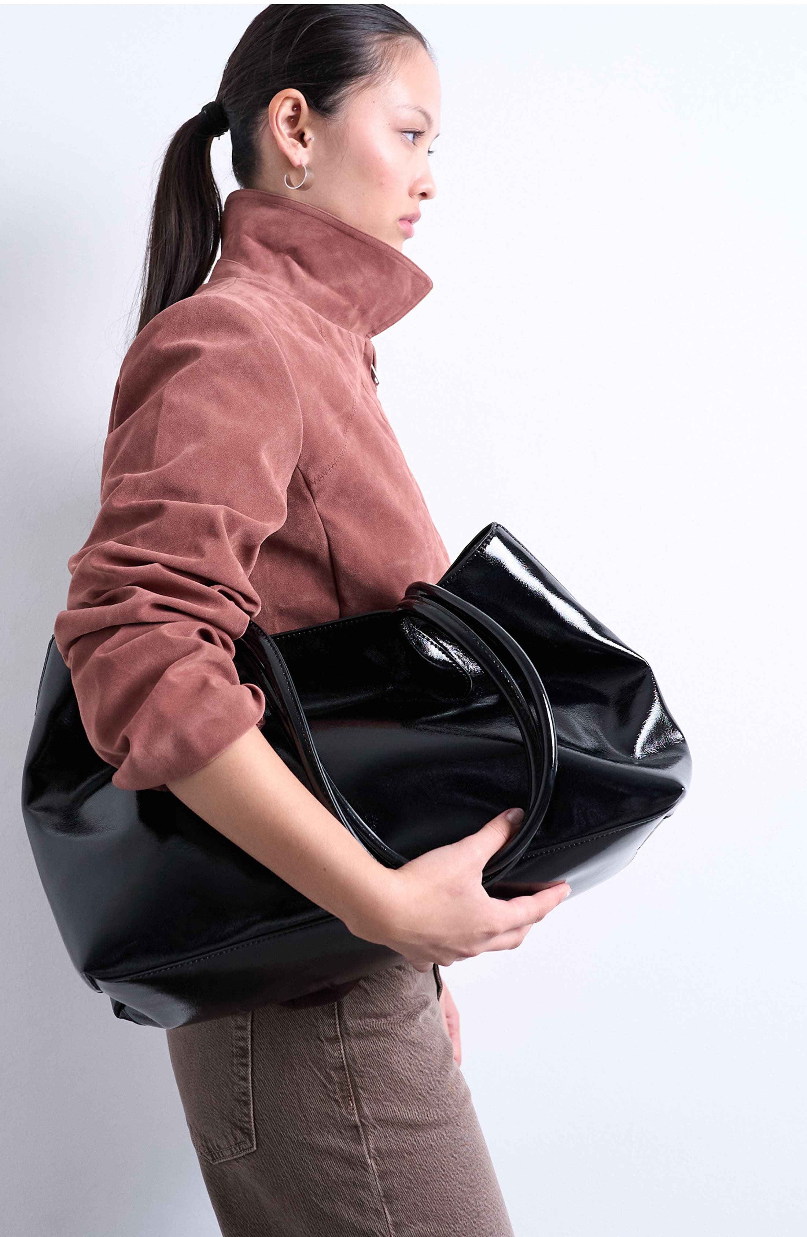 Topshop Tubler Patent Faux Leather Tote, Alternate, color, Black