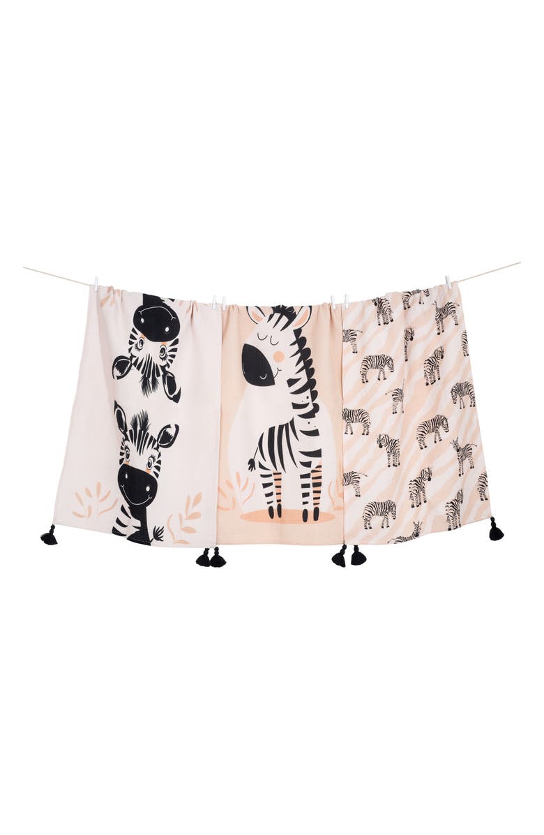 Tiramisu Whimsical Zebra Set of 3 Kitchen Towels, Main, color, Black/ White/ Beige