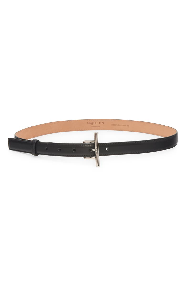 McQueen Sling Leather Belt, Main, color, Black/ Silver