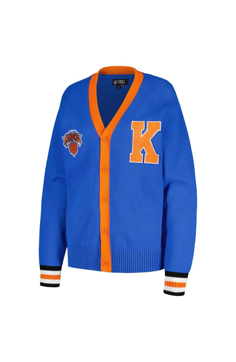 FISLL Women's FISLL Blue New York Knicks Chenille Letterman Cardigan Sweater, Alternate, color, 