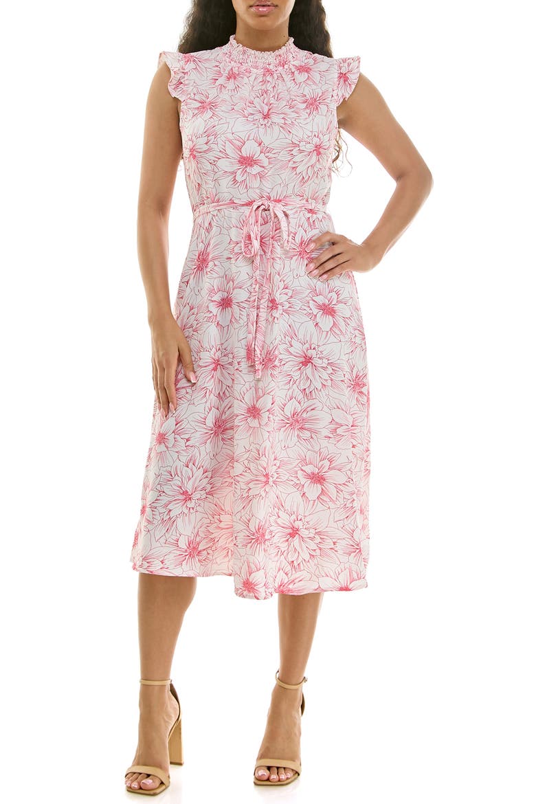 Smocked Neck Tie Waist Midi Dress, Main, color, AZALEA MULTI