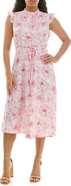 Nina Leonard Smocked Neck Tie Waist Midi Dress
