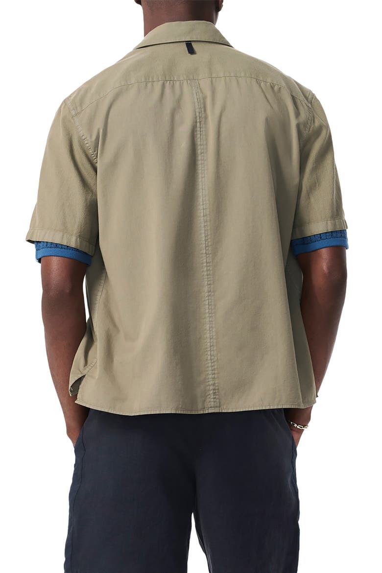 Dalton Mixed Media Patchwork Short Sleeve Button-Up Shirt, Alternate, color, BURNT OLIVE
