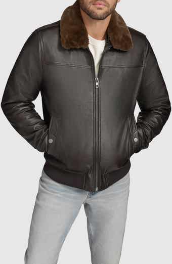 Andrew Marc Hedland Shearling Collar Lambskin Leather Aviator Jacket