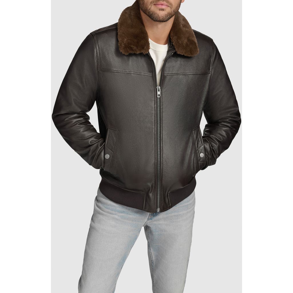 Andrew Marc Hedland Shearling Collar Lambskin Leather Aviator Jacket In Black