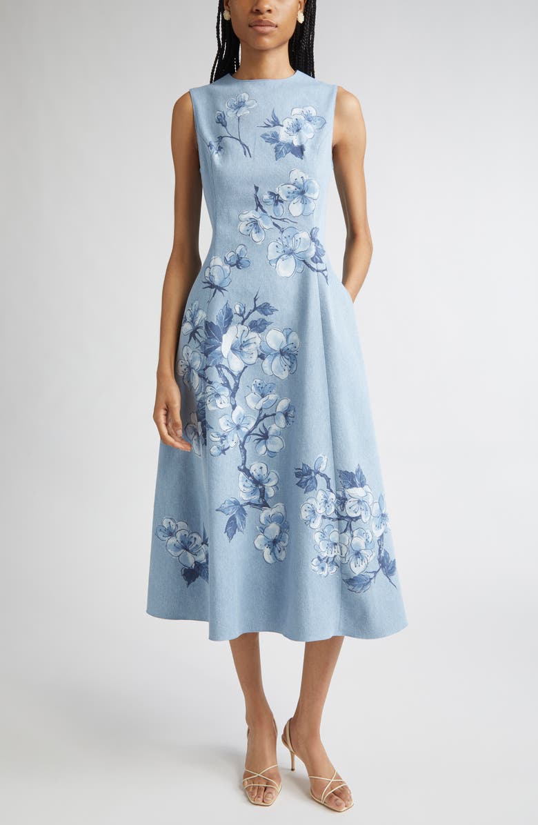 Oscar de la Renta Cherry Blossom Denim Midi Dress, Main, color,