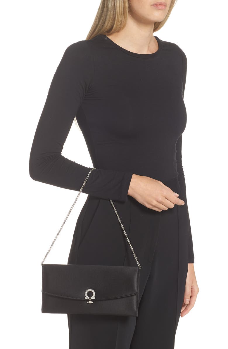 FERRAGAMO Crystal Embellished Gancio Clip Satin Clutch, Alternate, color,