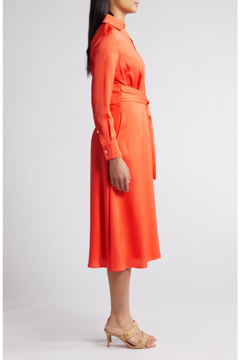 Wrap Front Long Sleeve Hammered Satin Midi Shirtdress, Alternate, color, MELON