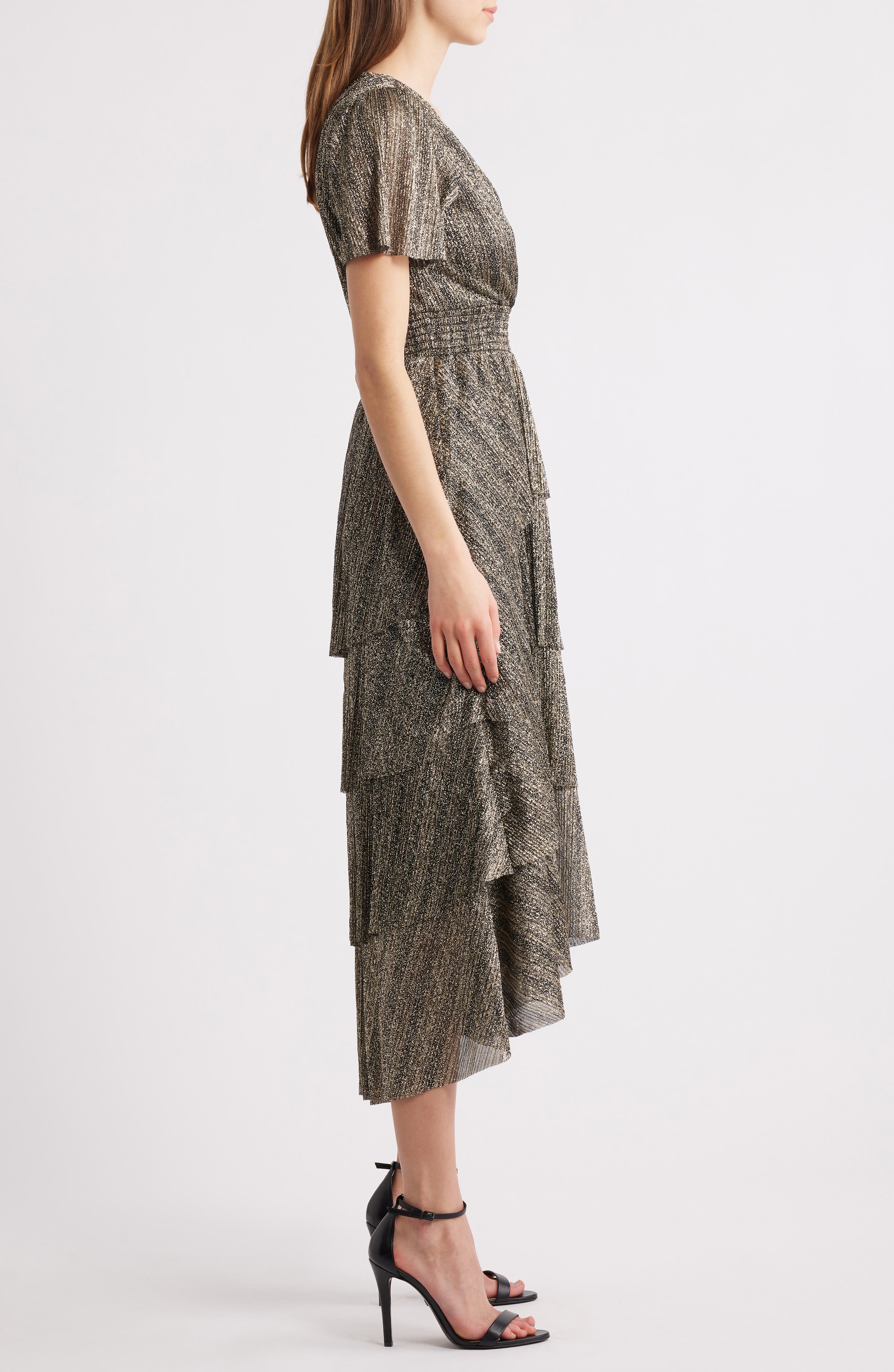 metallic tiered midi dress Tiered Metallic Cutout Midi Dress