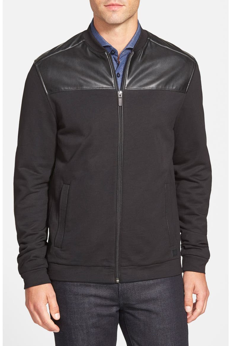'Casino' Faux Leather Panel Trim Fit Zip Front Jacket, Main, color, BLACK