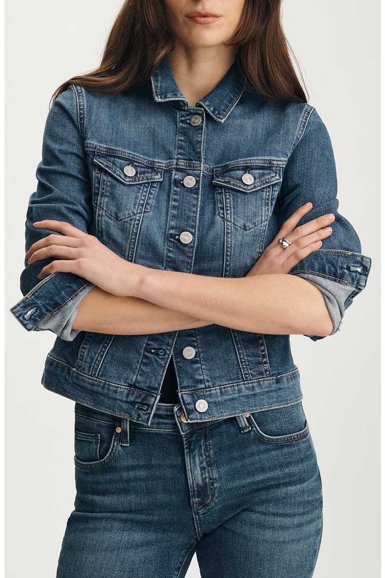 Samantha Crop Denim Trucker Jacket, Main, color, DARK BRUSHED FLEX BLUE