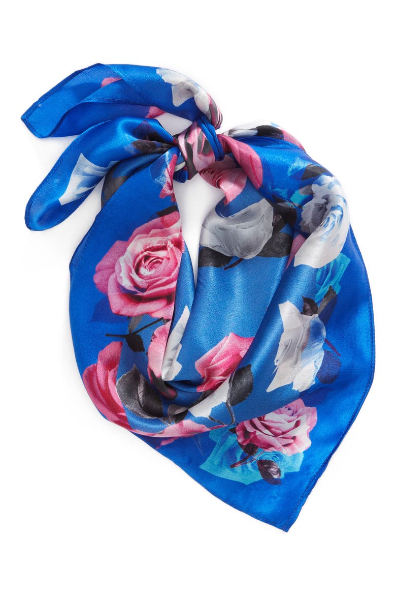 Print Silk Scarf, Alternate, color, BLUE GLAM ROCK ROSE PRINT