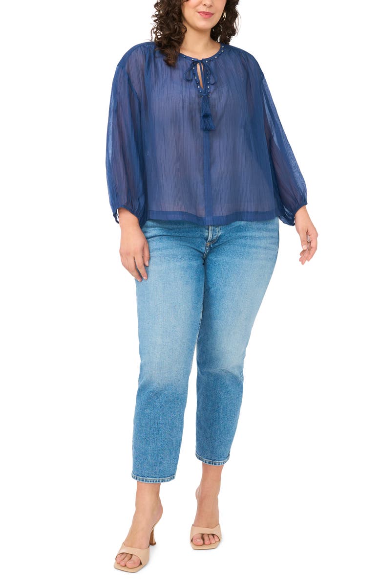Vince Camuto Split Neck Sheer Peasant Top, Alternate, color, 407 Classic Navy