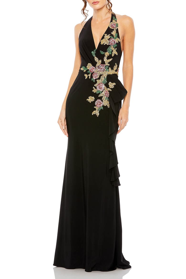 Halter Floral Embellished Gown, Main, color, Black