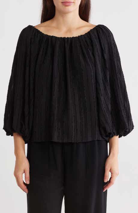 Semisheer Boat Neck Balloon Sleeve Top