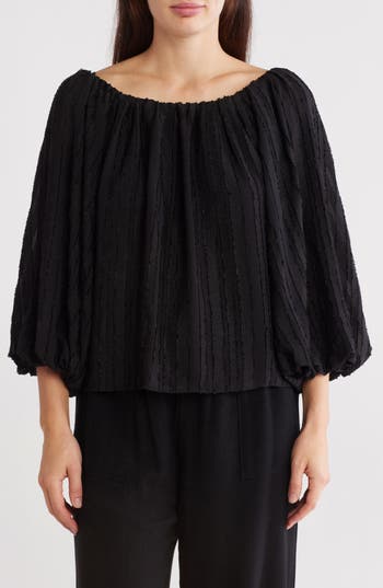 Renee C Semisheer Boat Neck Balloon Sleeve Top In Black