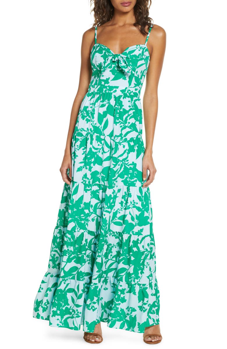 Eliza J Floral Tie Front Tiered Maxi Sundress, Main, color, 