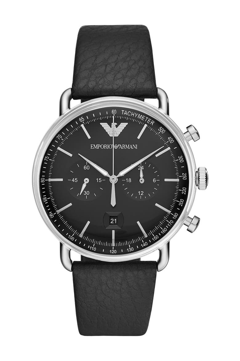 Men's Chronograph Black Leather Watch, 43mm, Main, color, SILVER