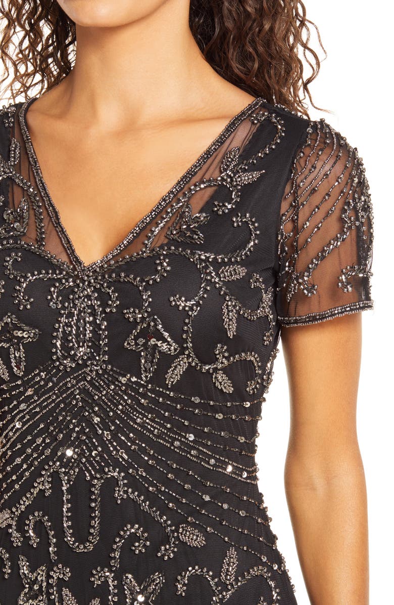 Beaded Mesh Column Gown